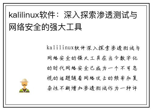 kalilinux软件：深入探索渗透测试与网络安全的强大工具